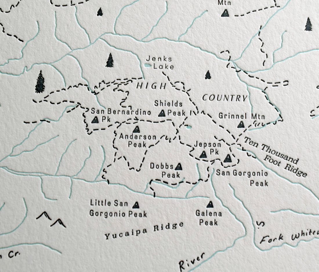 California Mountain Map including the High Country of the San Bernardino Mountains including lakes creeks peaks and trails