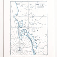 Framed wall art map of the California Coast around the San Diego County area shorelines hand painted watercolor for accent