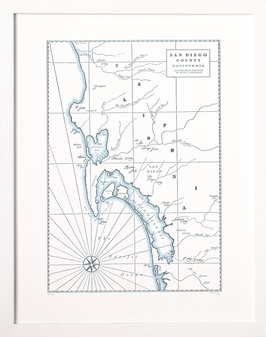 Framed wall art map of the California Coast around the San Diego County area shorelines hand painted watercolor for accent