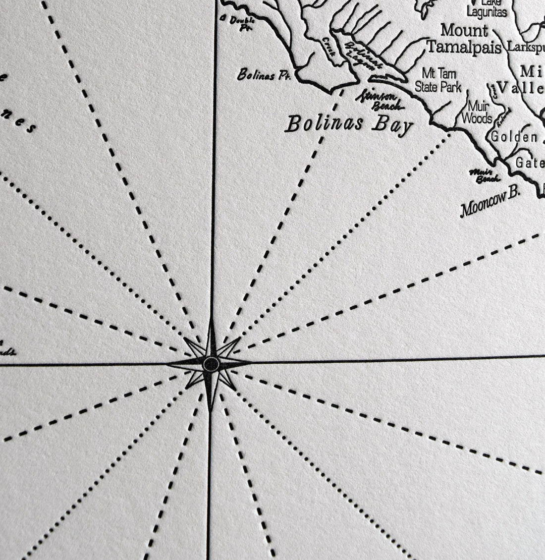 San Francisco Bay Art Map printed in letterpress on archival grade cotton paper.  Identifies prominent natural landmarks and water features