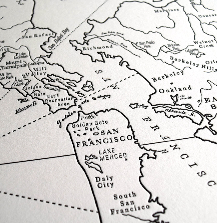 Artistic map of the San Francisco Bay area detailing cities and natural landmarks and water features.  Printed in black ink on letterpress 