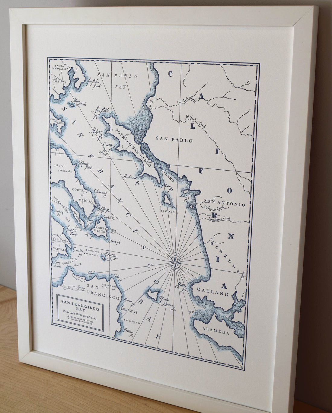 Artistic map of San Francisco Bay California West Coast United States letterpress printed and framed hand painted water color along shorelines