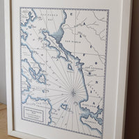 Artistic map of San Francisco Bay California West Coast United States letterpress printed and framed hand painted water color along shorelines