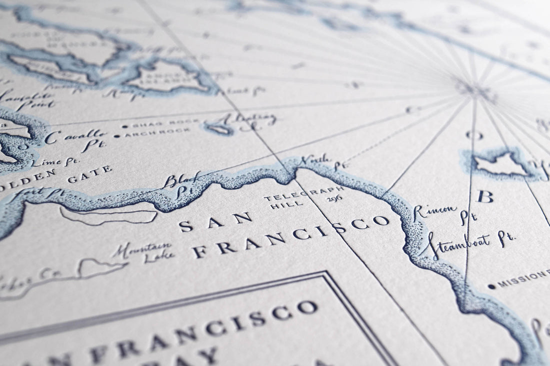 San Francisco Bay Map California Coast Art printed in letterpress with hand painted watercolor wash along shorelines