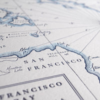 San Francisco Bay Map California Coast Art printed in letterpress with hand painted watercolor wash along shorelines