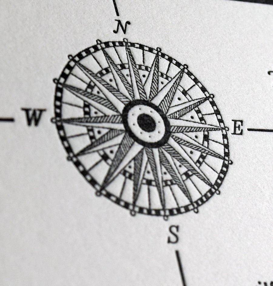 Letterpress printed map of the san juan islands and salish sea in nautical artistic theme including detailed illustrations of prominent features and compass rose printed on letterpress by local pacific norhwest artist