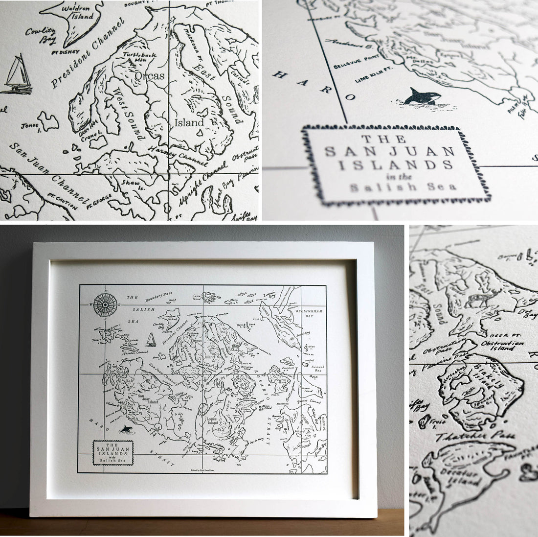 Letterpress map of the San Juan Islands in the Salish Sea Pacific Northwest Coast Framed printed in black ink