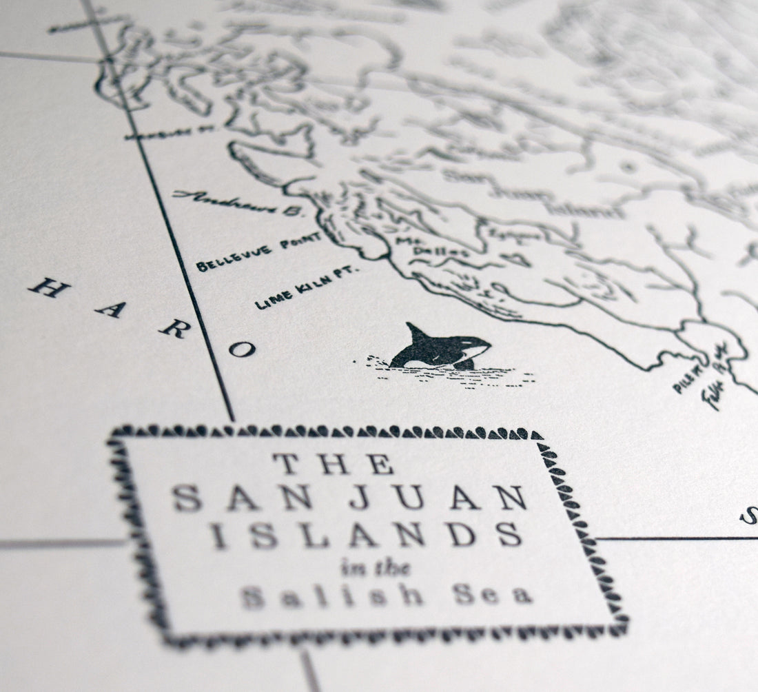 Letterpress wall art print of San Juan Islands and Salish Sea Map printed in letterpress on archival grade cotton paper