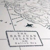Letterpress wall art print of San Juan Islands and Salish Sea Map printed in letterpress on archival grade cotton paper