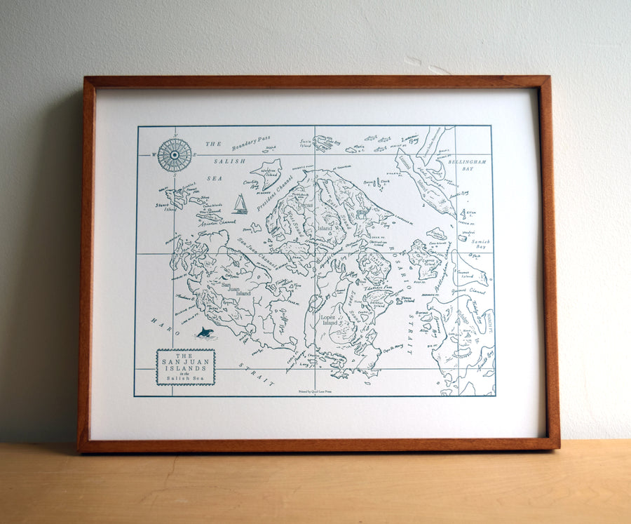 Pacific Northwest Art print Map of the San Juan Islands and the Salish Sea including surrounding area identifies prominent land and water features