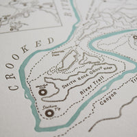 Map of smith rock state park near Bend Oregon an attraction known for attracting rock climbers hikers and nature entusiasts.  Letterpress printed artistic map depicting trails peaks and river