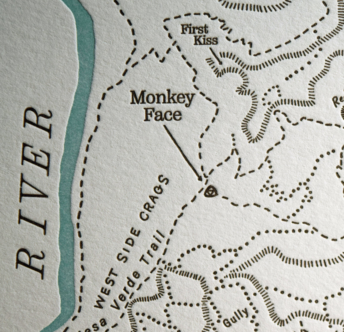 Artistic map of smith rock state park depicting popular hiking trails, prominent landmarks, and the winding crooked river.  Letterpress prined on archival grade cotton paper.
