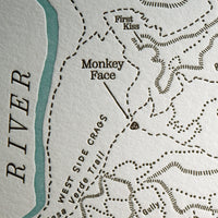 Artistic map of smith rock state park depicting popular hiking trails, prominent landmarks, and the winding crooked river.  Letterpress prined on archival grade cotton paper.