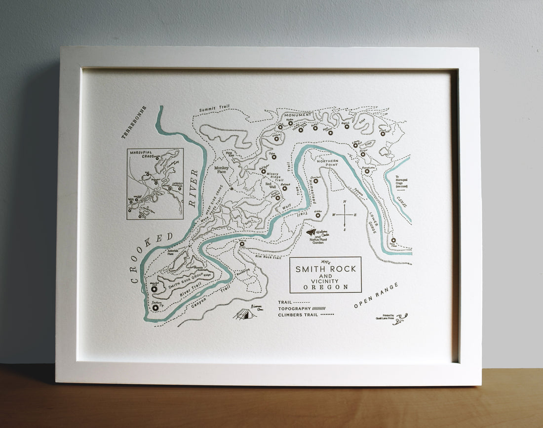Letterpress printed map of smith rock state park and vicinity of oregon.  Map charts the crooked river winding through the stunning rocky ridgelines the park is so famous for.  Prominent trails, rock features, and landmarks identified