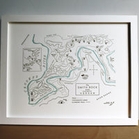 Letterpress printed map of smith rock state park and vicinity of oregon.  Map charts the crooked river winding through the stunning rocky ridgelines the park is so famous for.  Prominent trails, rock features, and landmarks identified