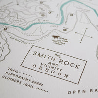 Smith Rock Map depicting prominent landmarks, trails, and the winding crooked river. 