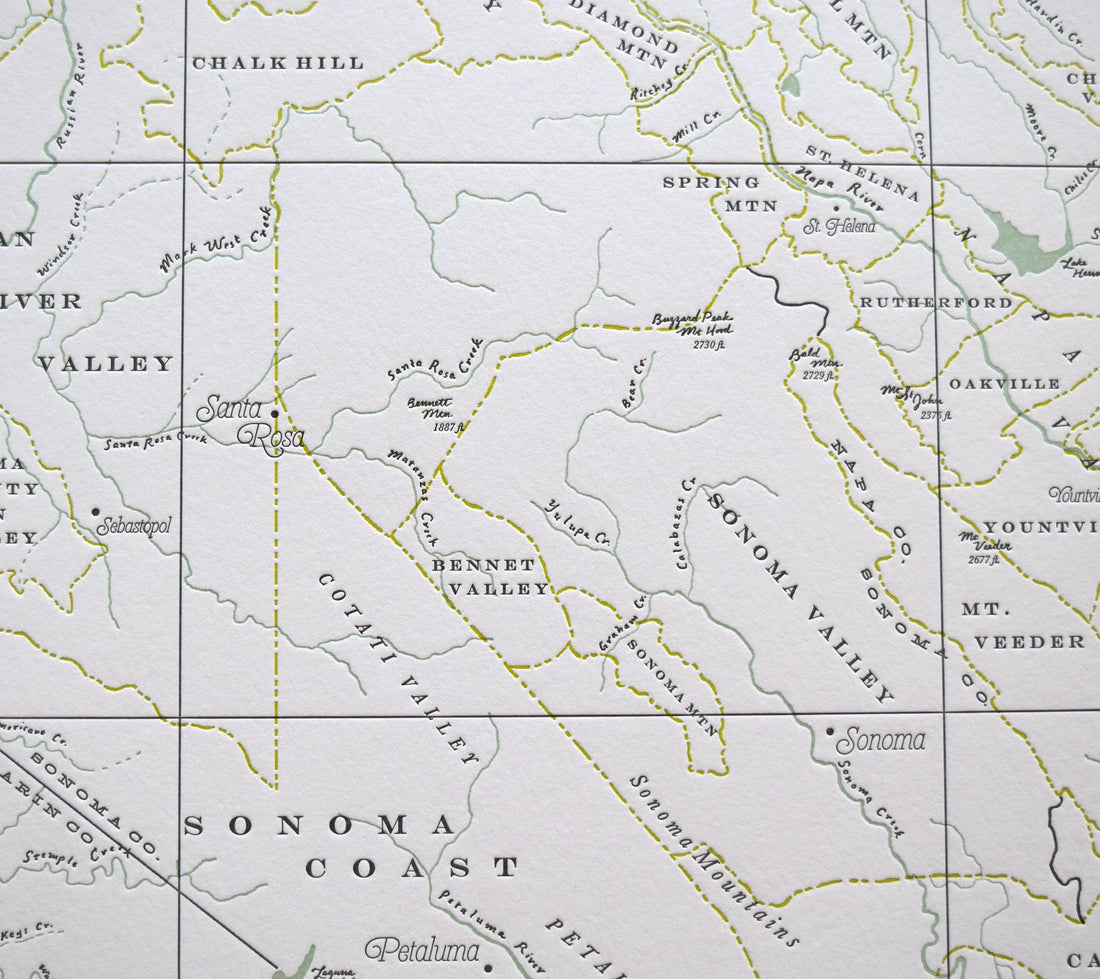 Northern California map print.  Wine country wall decor.