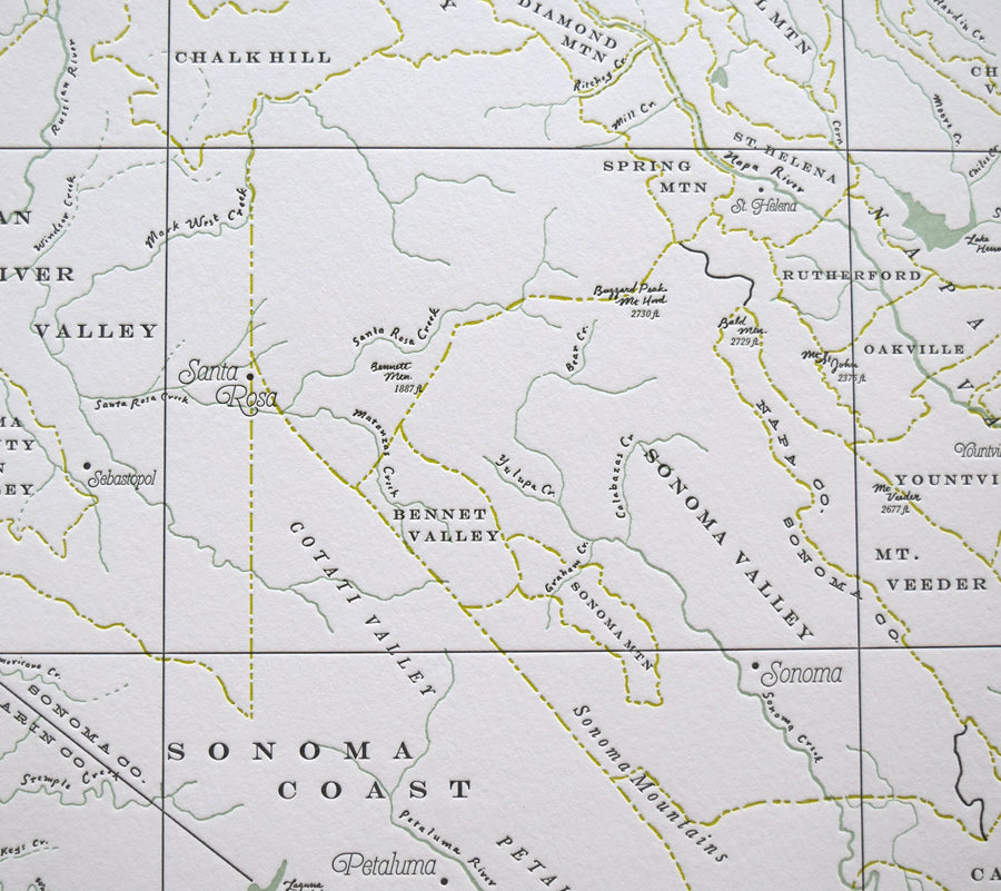 Northern California map print.  Wine country wall decor.