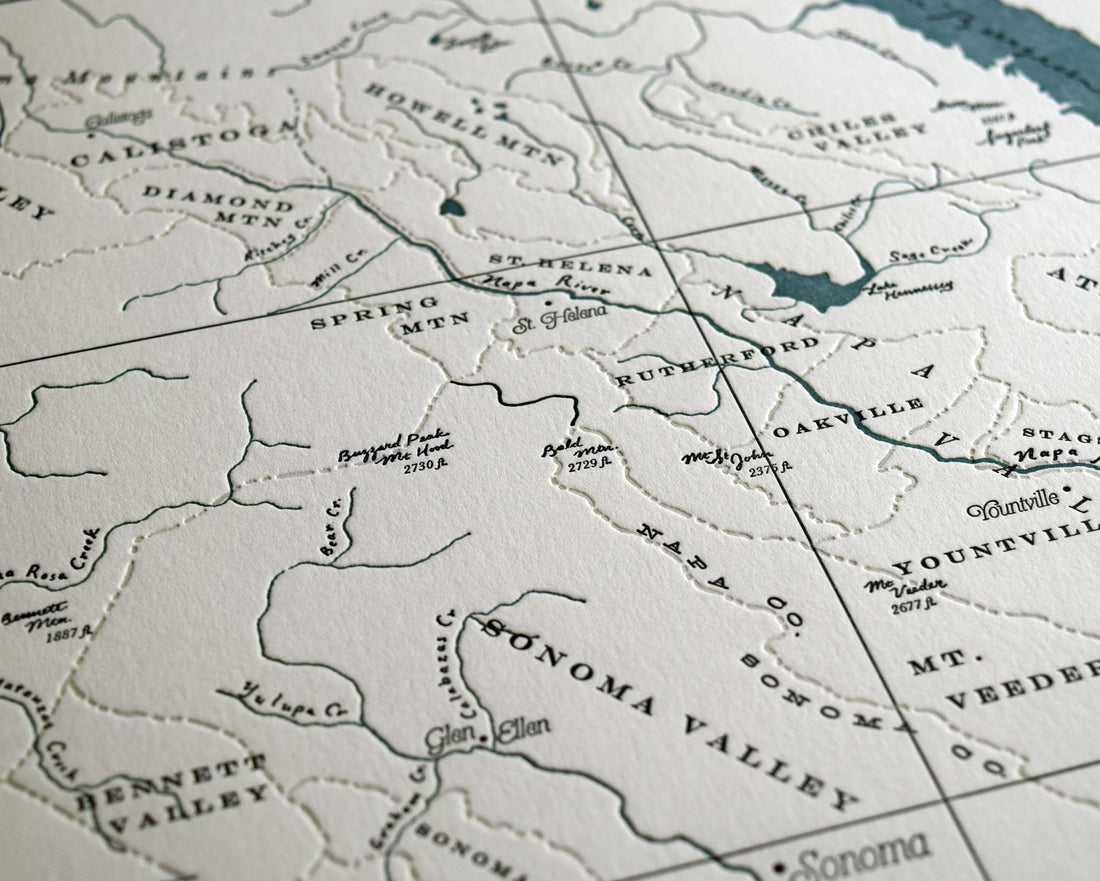 Napa Valley map including the California Coast hand-printed on Vandercook letterpress