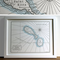 Framed wall art letterpress print of Map depicting Saint Kitts St Christopher and Nevis Island in the Caribbean Sea.  Hand painted watercolor wash along shorelines