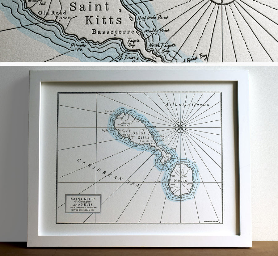 Framed wall art letterpress print of Map depicting Saint Kitts St Christopher and Nevis Island in the Caribbean Sea.  Hand painted watercolor wash along shorelines