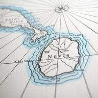 Caribbean Island Art map printed in letterpress on archival grade cotton paper.  Depicts the peaks streams and shoreline features with hand painted water color wash accent along shorelines