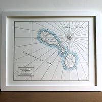 Framed letterpress print of caribbean sea Islands Saint Kitts and Nevis.  Nautical style art print of the pair of Caribbean Islands with hand painted watercolor accent along shorelines