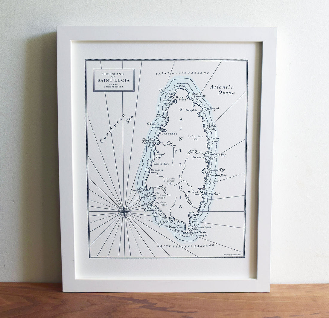 Letterpress wall art map framed depiction of the Caribbean Island of Saint Lucia.  Prominent natural features including points bays creeks peaks and ocean