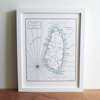 Letterpress wall art map framed depiction of the Caribbean Island of Saint Lucia.  Prominent natural features including points bays creeks peaks and ocean