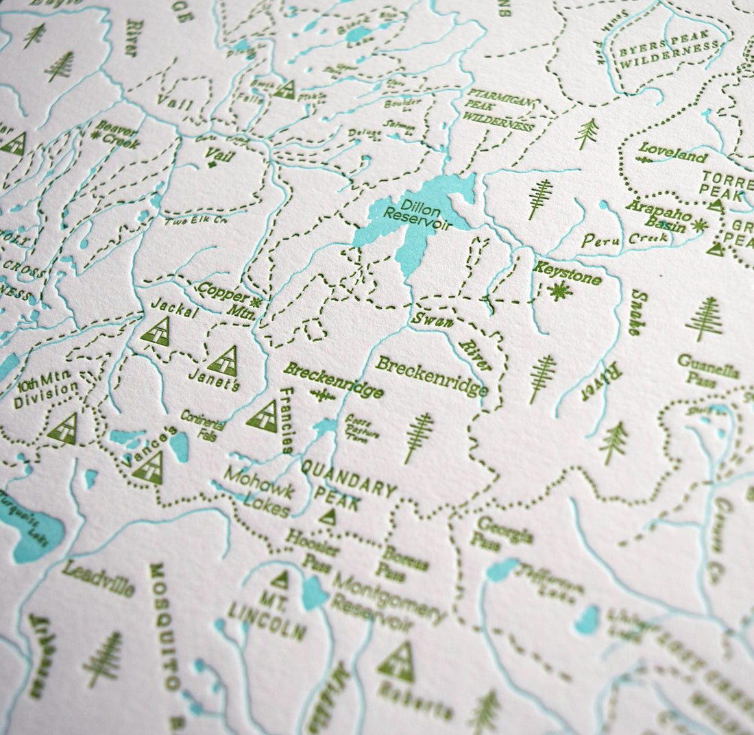 Summit County Mountain Huts Map Colorado letterpress printed fine art wall print of Colorado