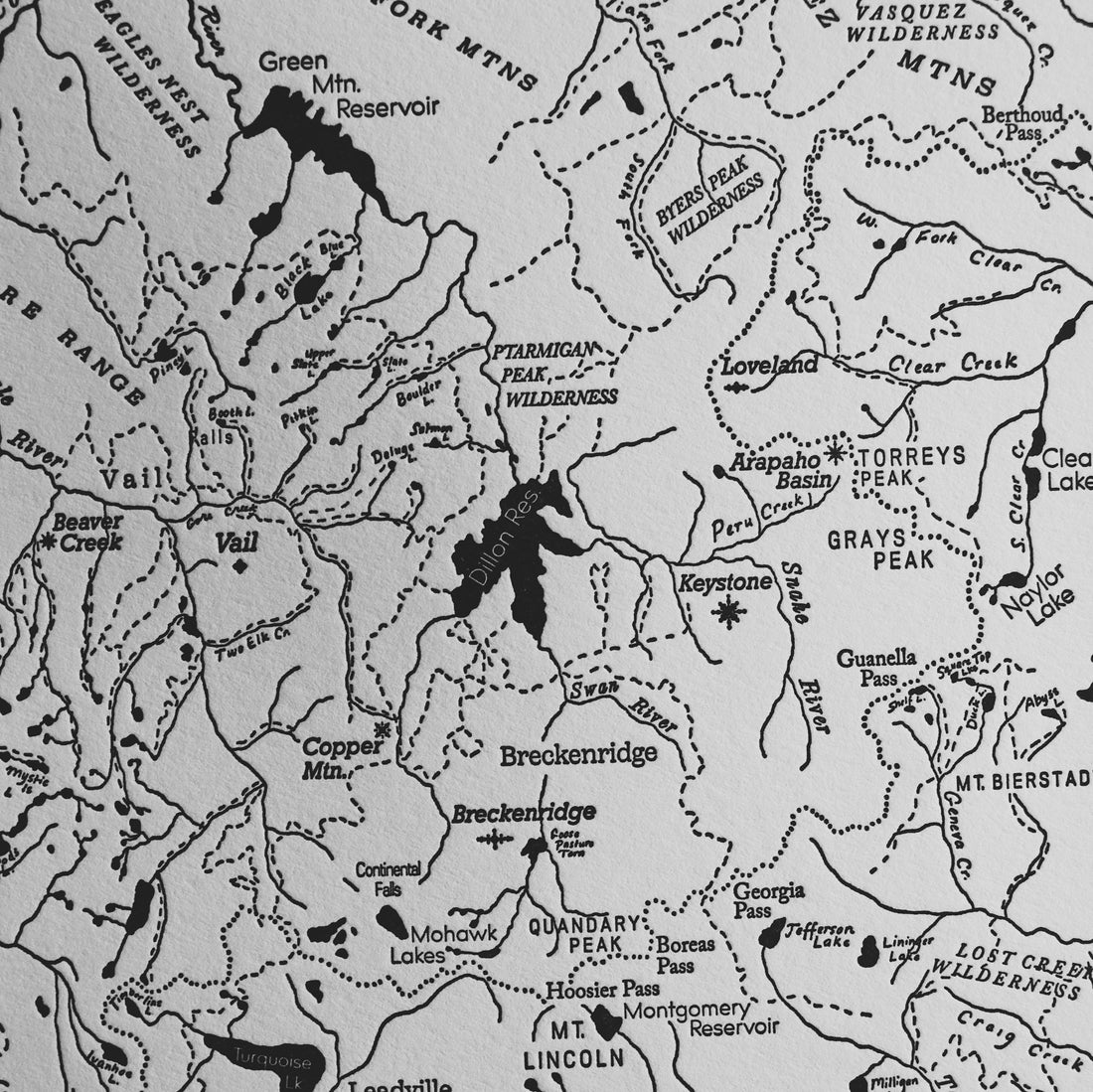 Letterpress map of Summit county colorado mountains charting prominent peaks lakes streams trails and ski areas