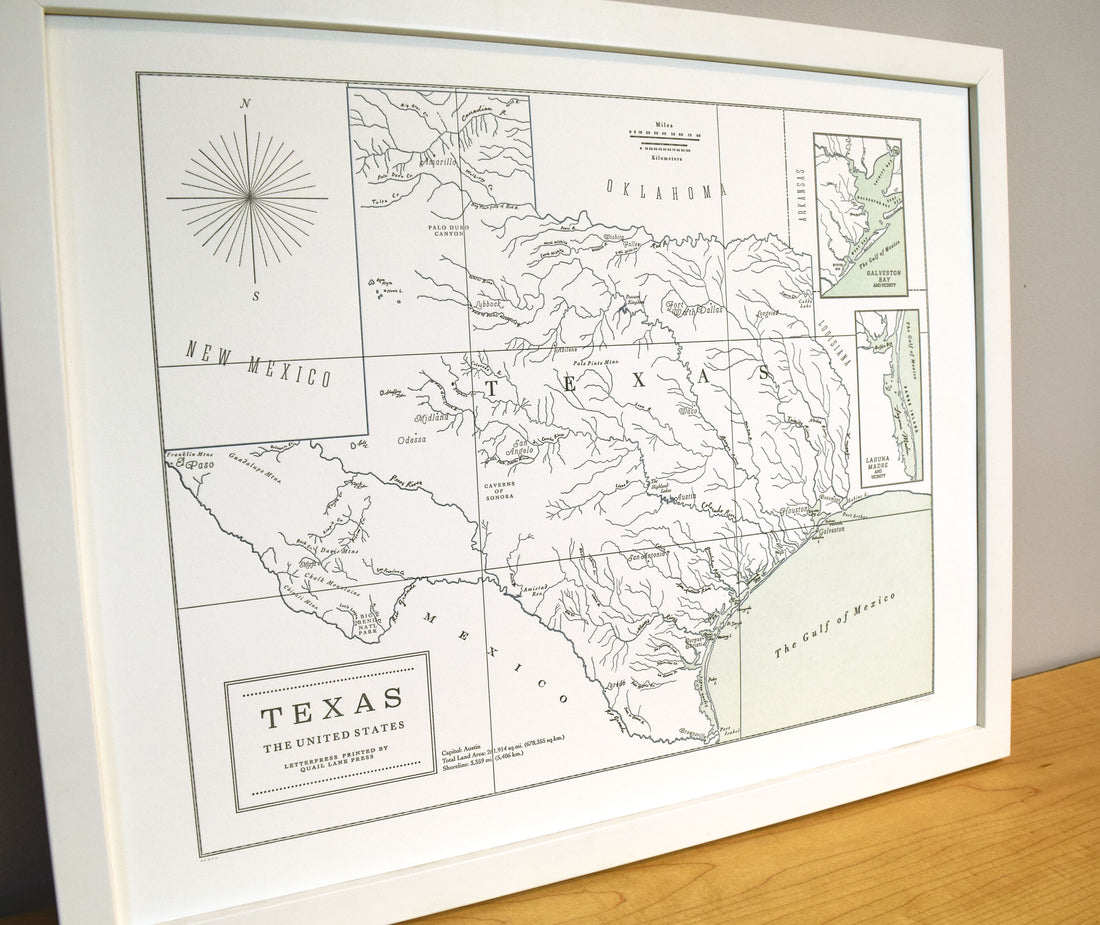 Hand-drawn letterpress printed map of Texas United States.  The framed map print charts the prominent watersheds and gulf of Mexico coastline