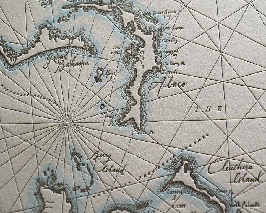 Letterpress print of the bahamas islands map identifies prominent island bays shorelines and other geographical or historically signigicant features