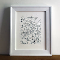 Framed wall art map.  Hand drawn letterpress printed map of the three sisters wilderness and surrounding area.  Prominent mountains, trails, and watersheds are charted.