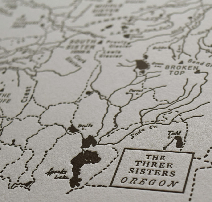 Artistic map depicting the three sisters wilderness.  Hand drawn and letterpress printed map of the wilderness area local to Bend oregon.  Identifies mountains, lakes, trails, and creeks