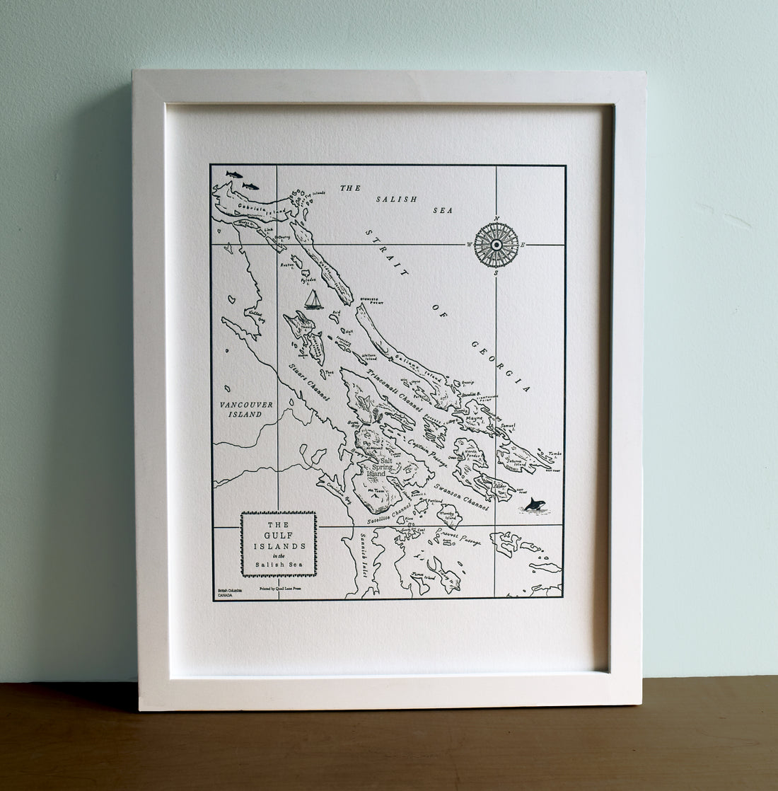 Letterpress map of Vancouver and Gulf Islands BC Canada