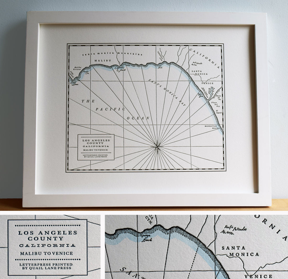 Framed map of the California coastline from Malibu to Venice.  Hand-drawn and letterpress printed with a water color wash along the shoreines