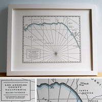 Framed map of the California coastline from Malibu to Venice.  Hand-drawn and letterpress printed with a water color wash along the shoreines