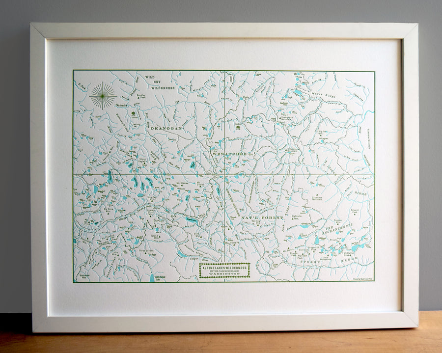Alpine Lakes Wilderness Letterpress Map Green Ink