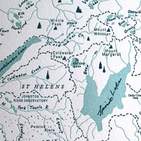 Letterpress printed map mt st helen's highlighting natural features including peaks creeks lakes and trails