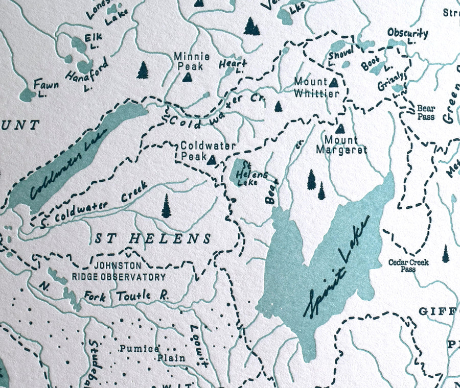 Letterpress printed map mt st helen's highlighting natural features including peaks creeks lakes and trails