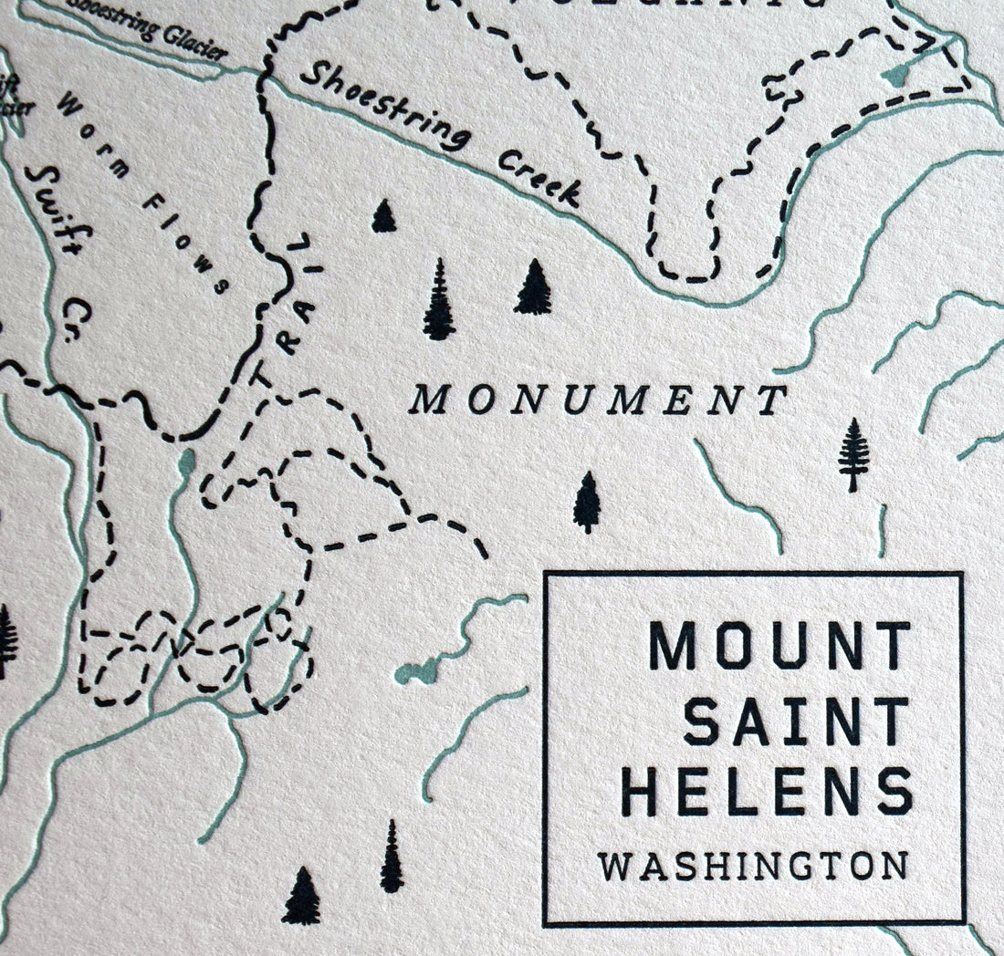 letterpress print map of Mount saint Helens Washington depicting natural features including streams lakes and peaks