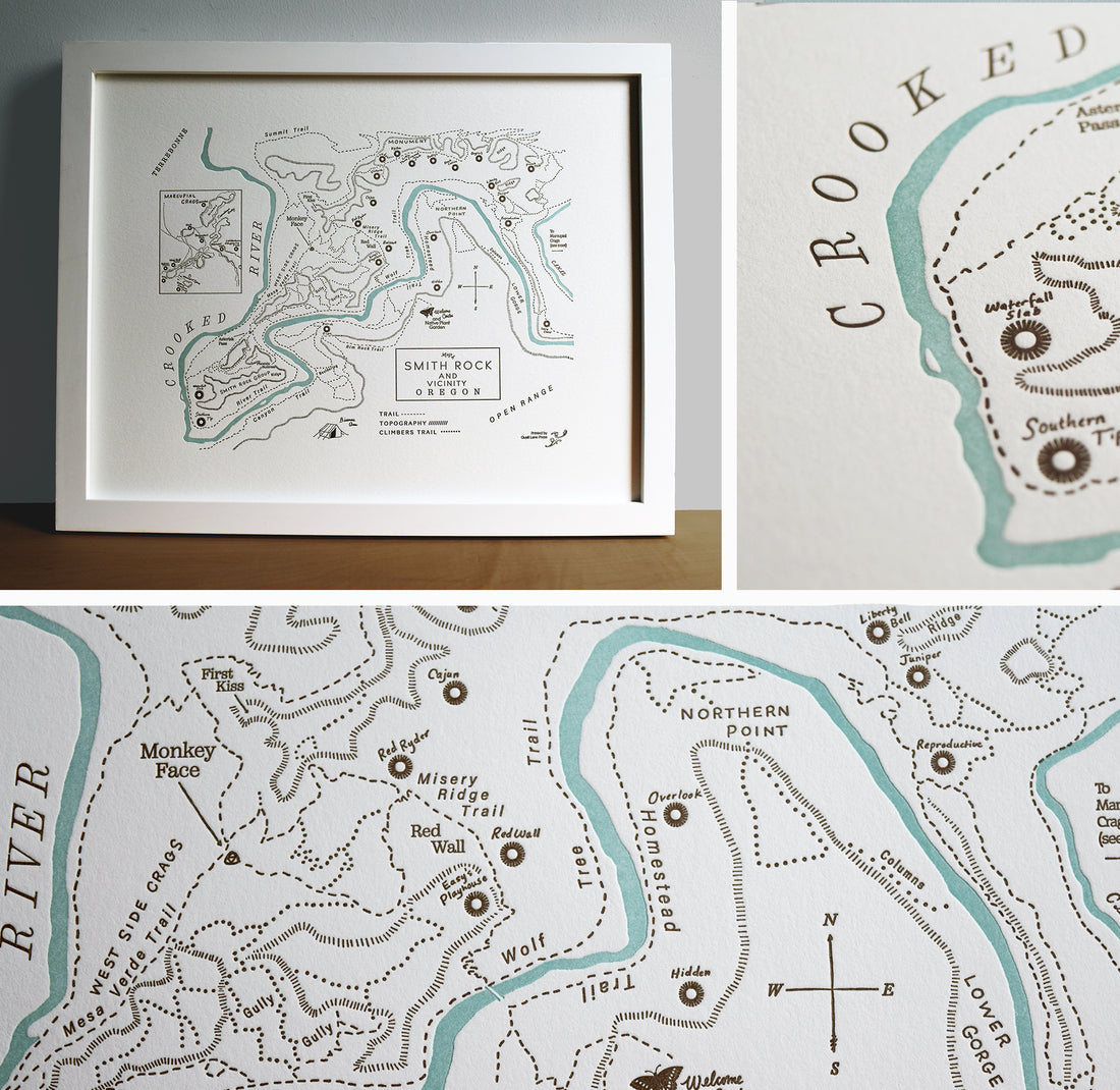 Framed artistic trail map of smith rock state park oregon.  includes prominent rock features, hiking trails, and the crooked river.  Hand-drawn letterpress printed 