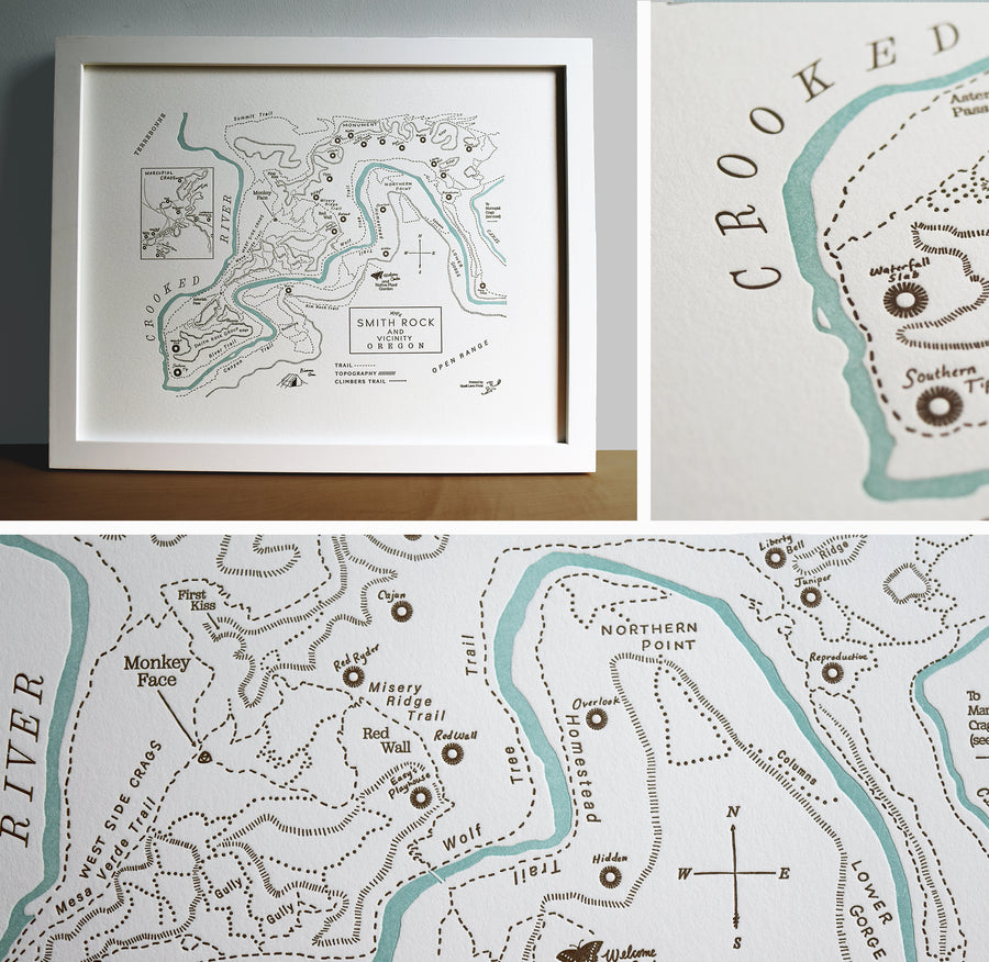 Framed artistic trail map of smith rock state park oregon.  includes prominent rock features, hiking trails, and the crooked river.  Hand-drawn letterpress printed 