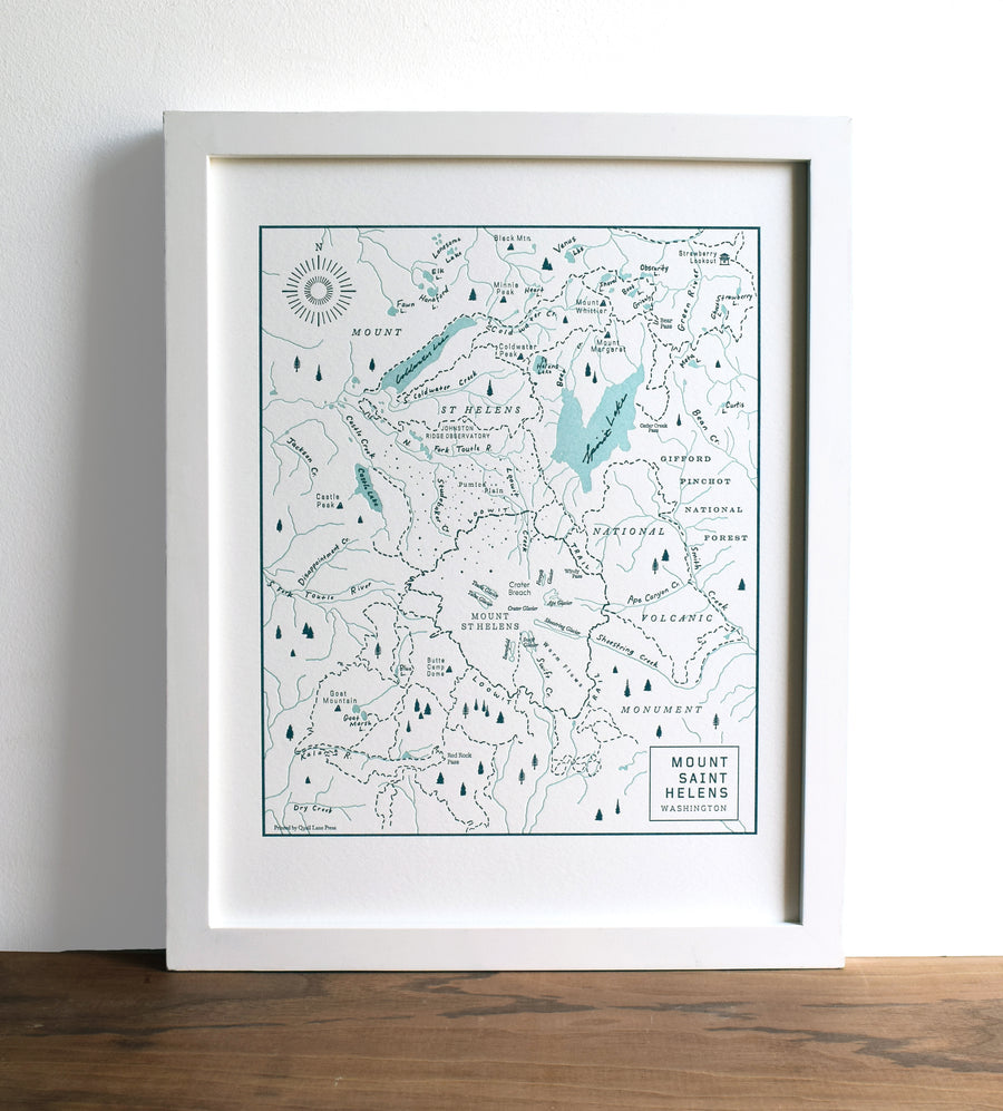 Framed letterpress natural landcape map of mt st helens washington 