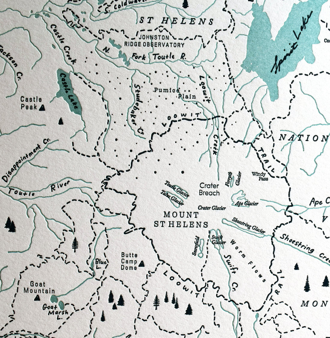 map of mount st helens washington printed with letterpress charting glaciers creeks trails and prominent landmarks