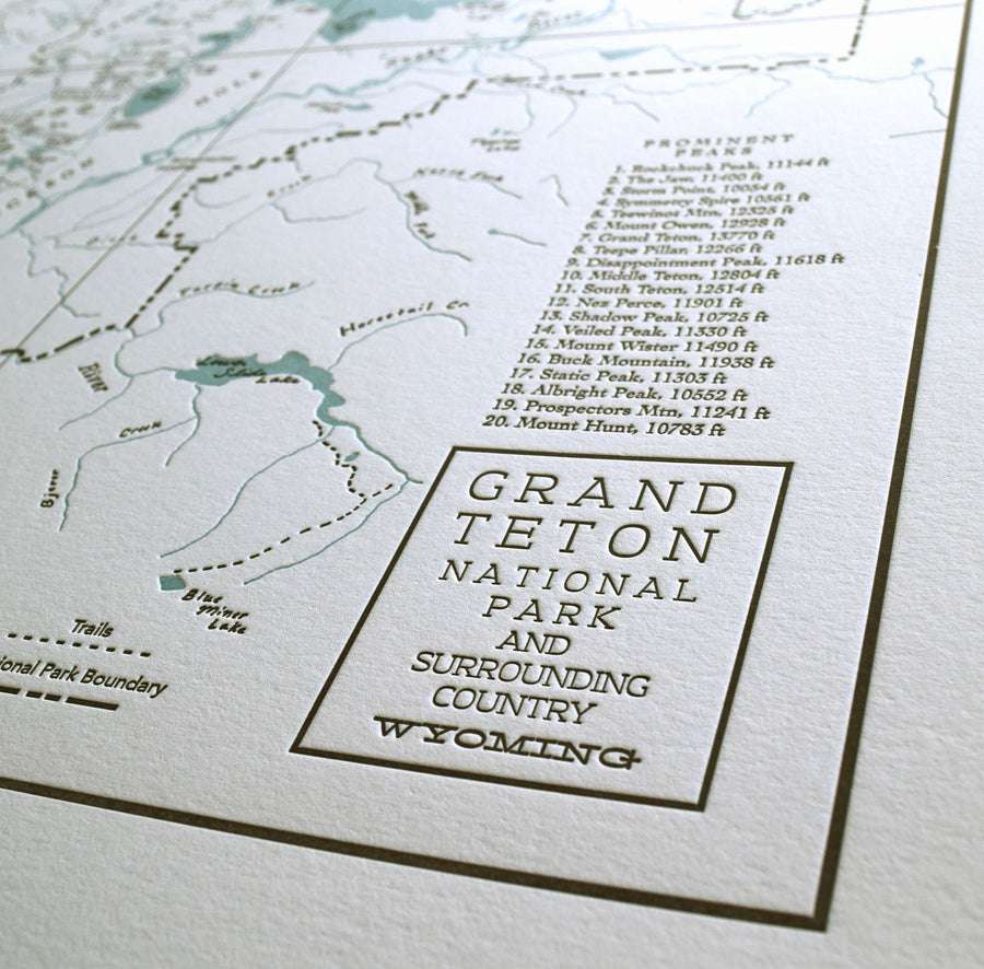 Grand Teton National Park, Jackson Hole, Wyoming, Letterpress Map