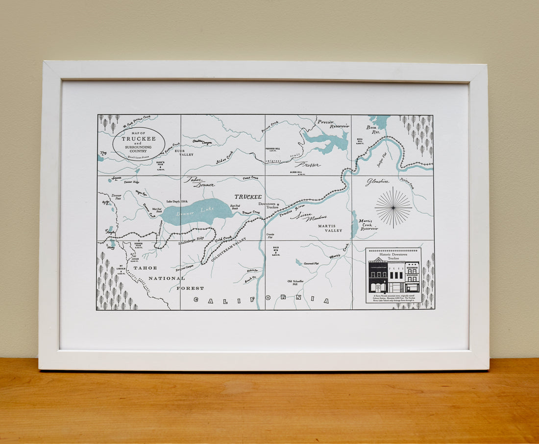 Framed map art print of Truckee california.  Identifies promienent landmarks lakes streams trails and the railroad