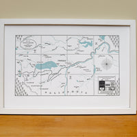 Framed map art print of Truckee california.  Identifies promienent landmarks lakes streams trails and the railroad